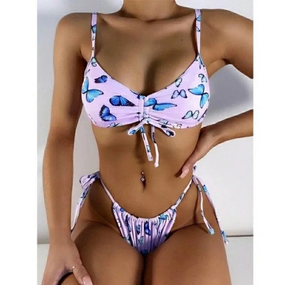 REVOLVE Butterfly Ruched String Tie Brazilian Bikini SIZE SMALL! - Picture 1 of 6